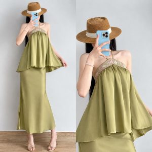Set áo cổ yếm trung hoa + chân váy dáng dài xoè